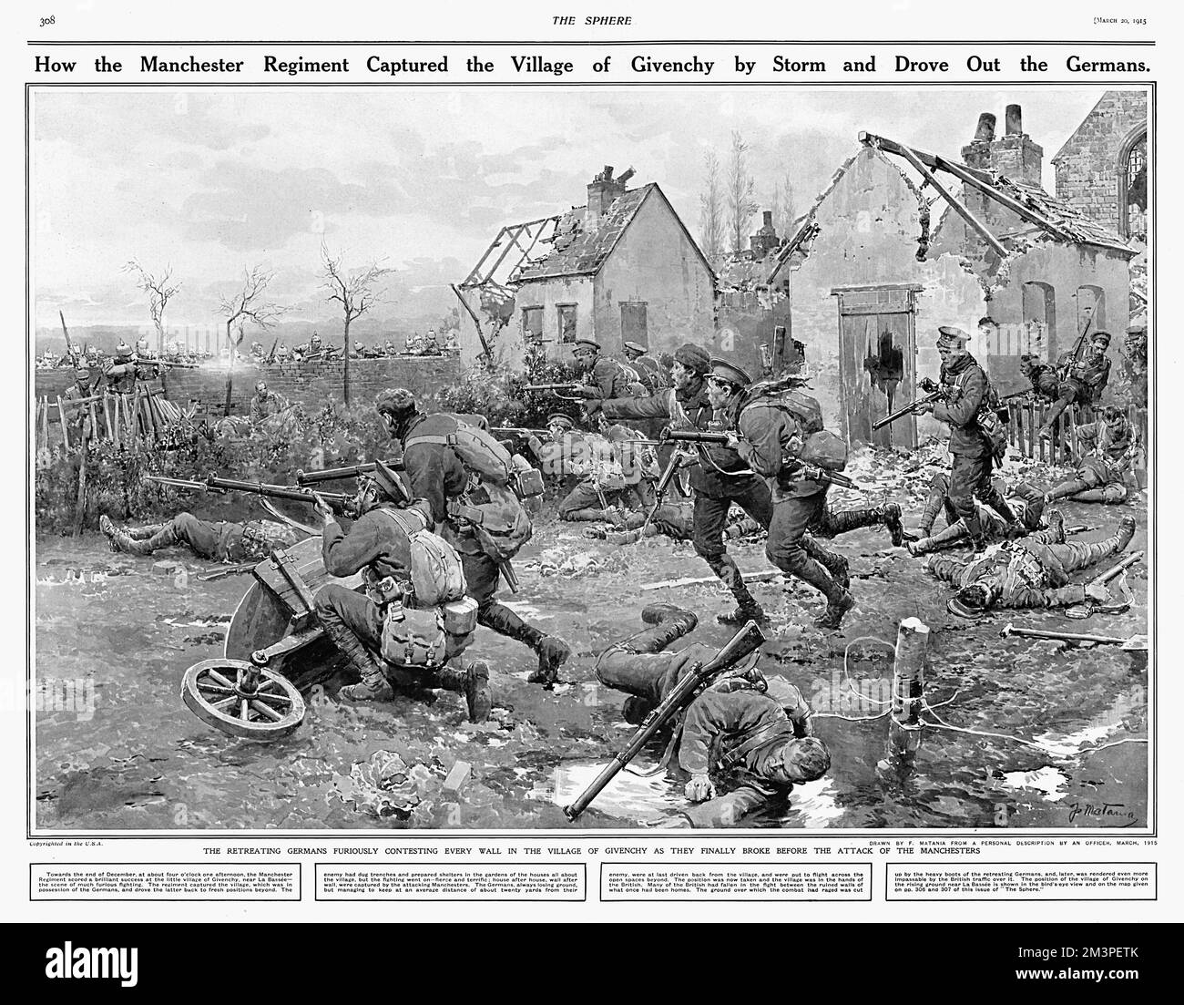 The Manchester Regiment capture the occupied village of Givenchy on 20th December 1914. The area had been the scene of fighting for several days, as British and Indian forces sought to attack the Germans entrenched around the village in order to relieve the pressure on the French at Arras during the First Battle of Champagne. With a German counter attack having succeeded in taking part of the village, the Manchesters were part of a reserve force introduced to the fighting to re-occupy Givenchy. The opposing lines were back to how they had started by 22 December, for the loss of thousands of li Stock Photo
