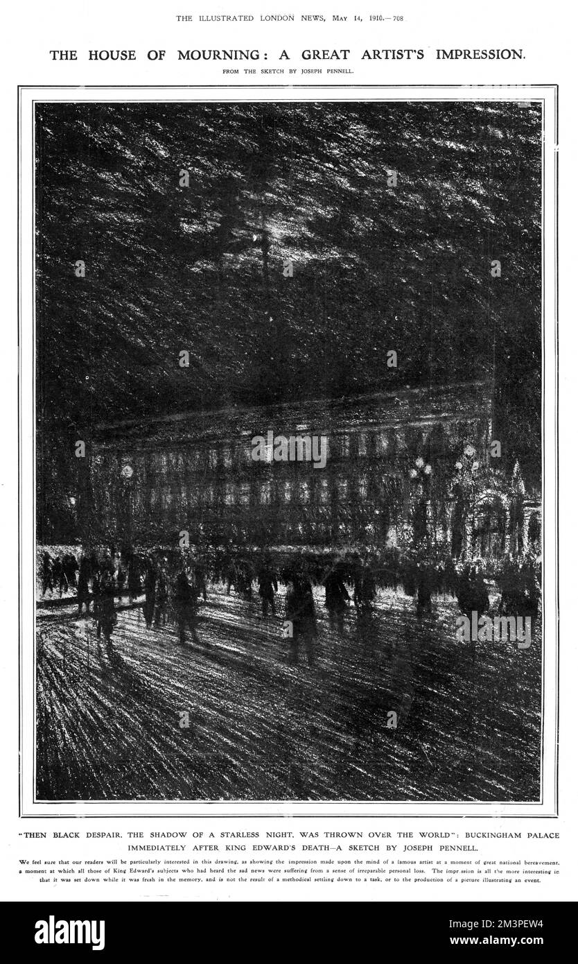 The House of Mourning: impression by artist Joseph Pennell of the exterior of Buckingham Palace at night, immediately after King Edward VII's death on 6th May 1910.  1910 Stock Photo