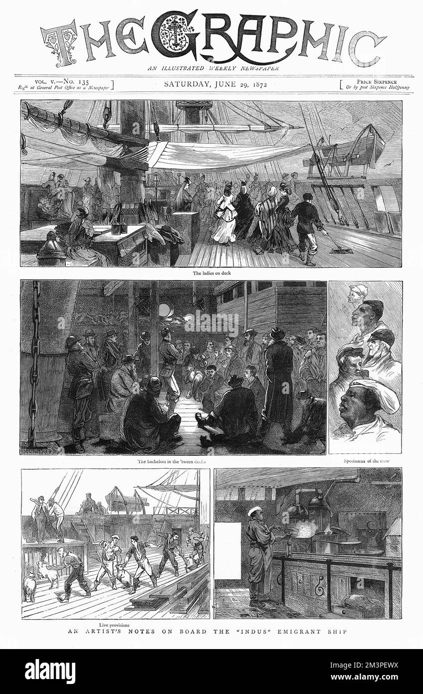 The cover of The Graphic, 29 June 1872, including five illustrations of life on board the 'Indus' emigrant ship, one of the London Line of Queensland Packets, which set sail from Gravesend, Kent and was bound for Brisbane, Australia, carrying over five hundred passengers.     Date: 1872 Stock Photo