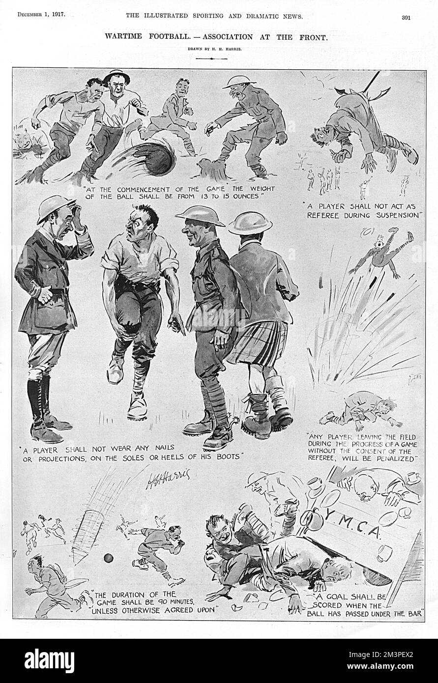 Series of humorous vignettes drawn by H. H. Harris showing the experience of playing football at the front during the First World War.  Problems encountered include a heavy ball due to all the mud it picks up, pain caused by spurs and hard boots and unanticipated shell explosions (!).  1917 Stock Photo