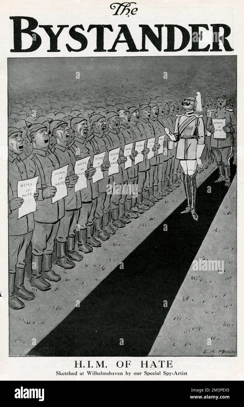 The hymn of hate, allegedly sketched at Wilhelmshaven by The Bystander Special Spy-Artist: a humorous depiction of Kaiser Wilhelm taking a choir practice of German soldiers.     Date: 1915 Stock Photo