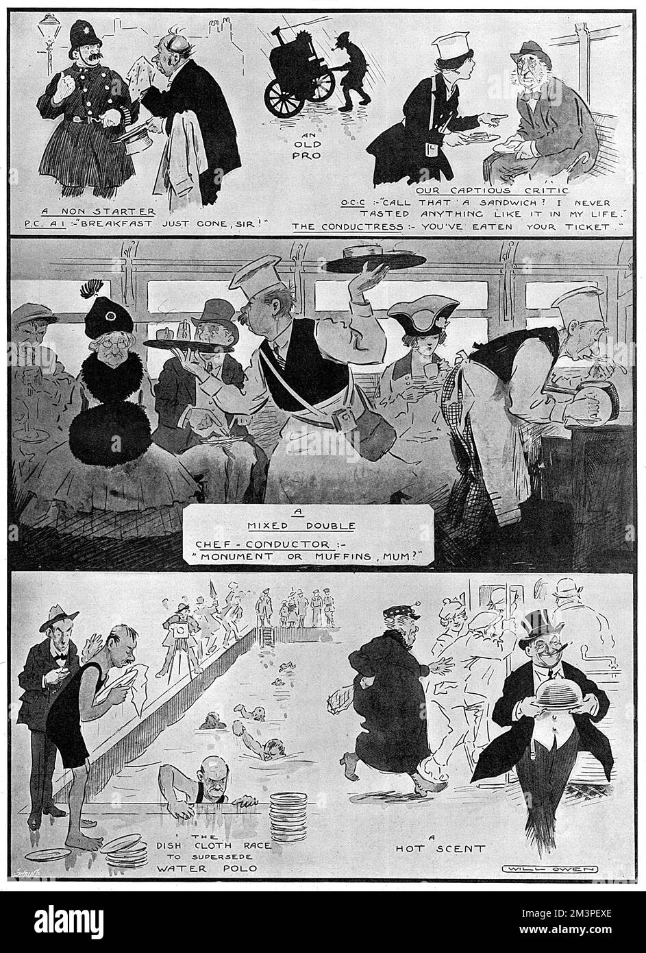 Cartoon by Will Owen, a humorous comment on the rise of the communal kitchen, introduced during the First World War as a way of providing war workers and the poor with nourishing meals, produced in the most efficient and economical way possible.  This cartoon appeared after Alderman C. F. Spencer, Director of National Kitchens outlined a proposal for the establishments where distribution could potentially be via tramways, motor or gas-bag buses.  He also mentioned how hanging baskets could be used to decorate the kitchens, music from gramophones or electric pianos could pass the time while peo Stock Photo