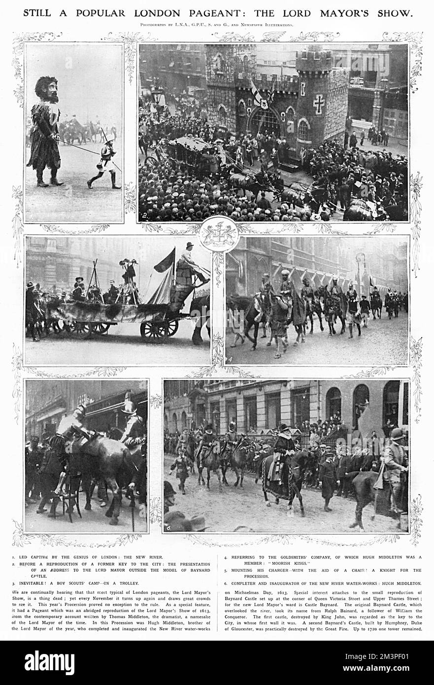 The 1913 Lord Mayor's Show was an abridged reproduction of the Lord Mayor's Show of 1613 from the contemporary account written by Thomas Middleton. Included in the parade were a giant being led by a child, a miniature model of Baynard castle and a boy scout camp on a trolley.     Date: 1913 Stock Photo