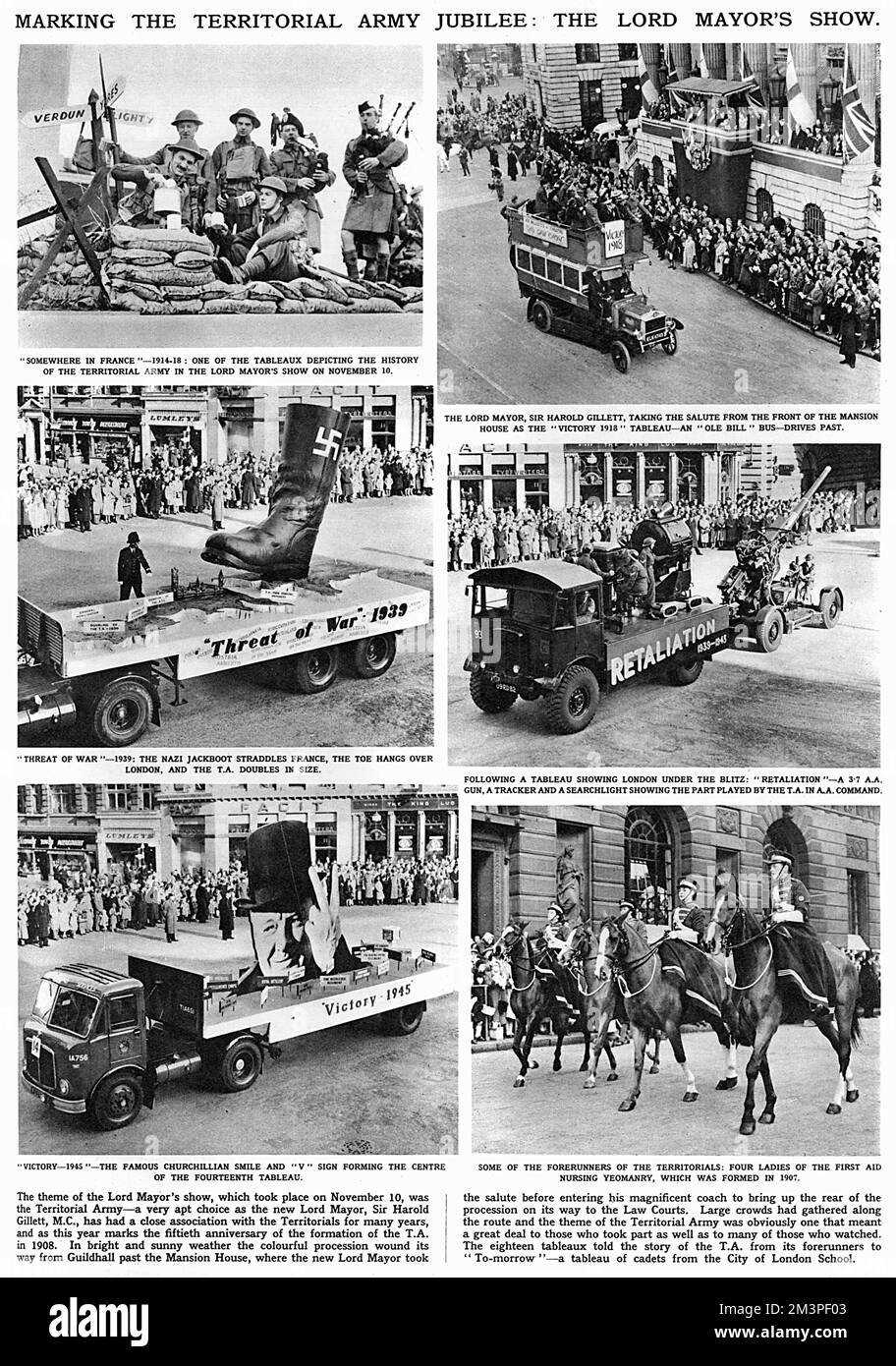 Marking the territorial army jubilee at the Lord Mayor's Show in London. Among other scenes: a tableaux depicting the history of the territorial army, four ladies of the First Aid Nursing Yeomanry and a float with a cut out of Winston Churchill with his famous 'V' sign.     Date: 1958 Stock Photo