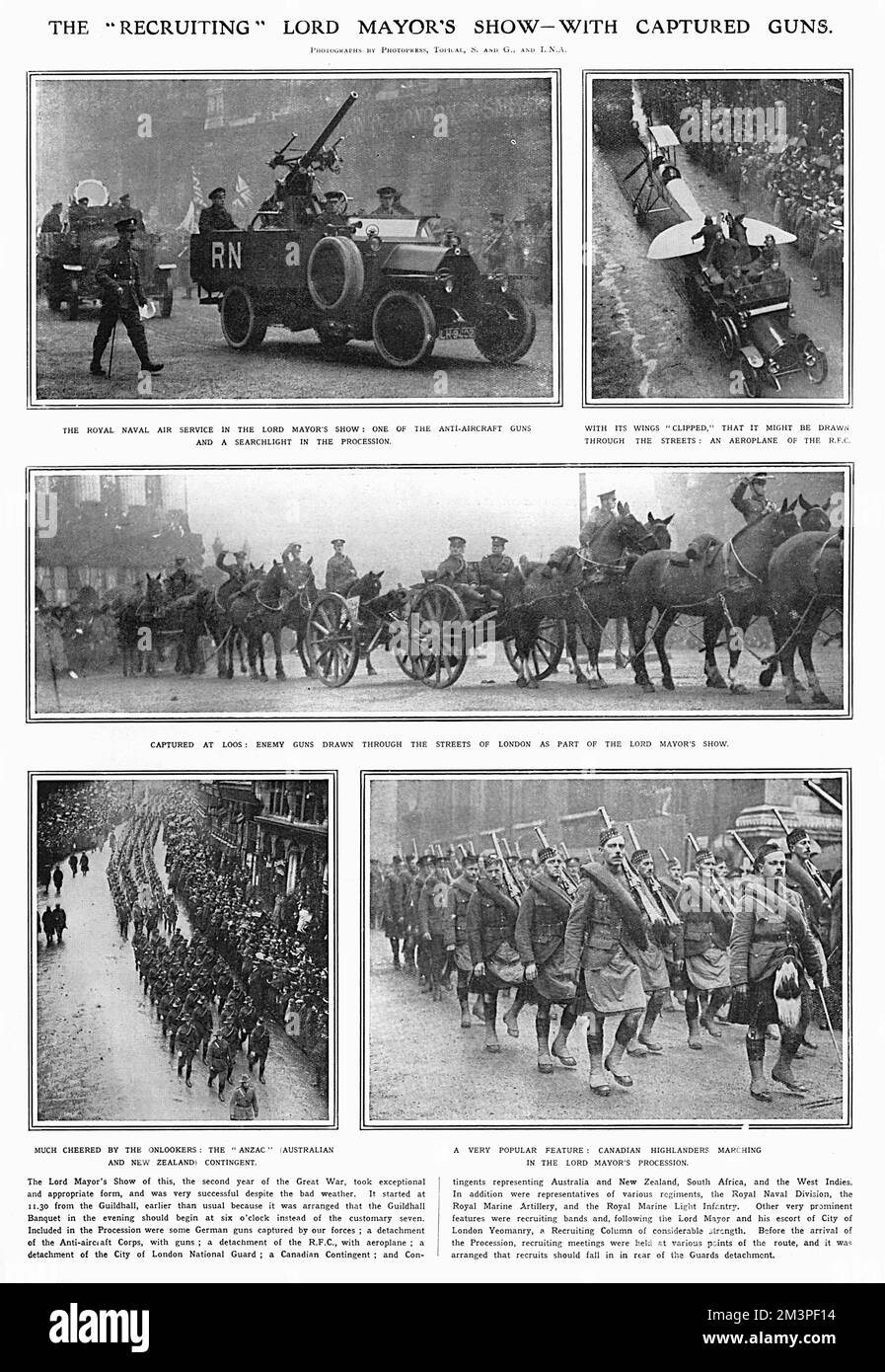 The Lord Mayor's Show during World War I showing captured German guns, an aeroplane of the RFC, and contingents representing Canada, Australia, New Zealand, South Africa and the West Indies. Other prominent features were recruiting bands and, following the Lord Mayor and his escort of City of London Yeomanry, a Recruiting Column of considerable strength. Before the arrival of the Procession, recruiting meetings were held at various points of the route,and it was arranged that recruits should fall in behind the Guards detachment.     Date: 1915 Stock Photo