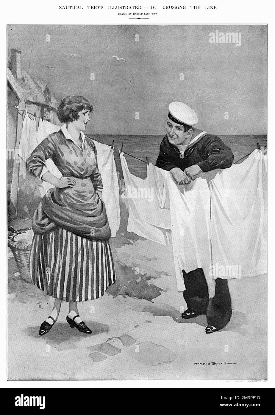 A sailor flirts with a woman over her washing line drawn by Harold Earnshaw, artist husband of Mabel Lucie Attwell.    Earnshaw was a successful artist who joined the Artists' Rifles at the outbreak of war. He was a Lance-Corporal with the Sussex Regiment when his right arm was blown off on the Somme in February 1916. He taught himself to draw with his left and continued to work for magazines such as The Bystander and the Illustrated Sporting and Dramatic News in which this picture was published. Despite making such a remarkable recovery he died prematurely in 1937 at the age of just 52.    S Stock Photo