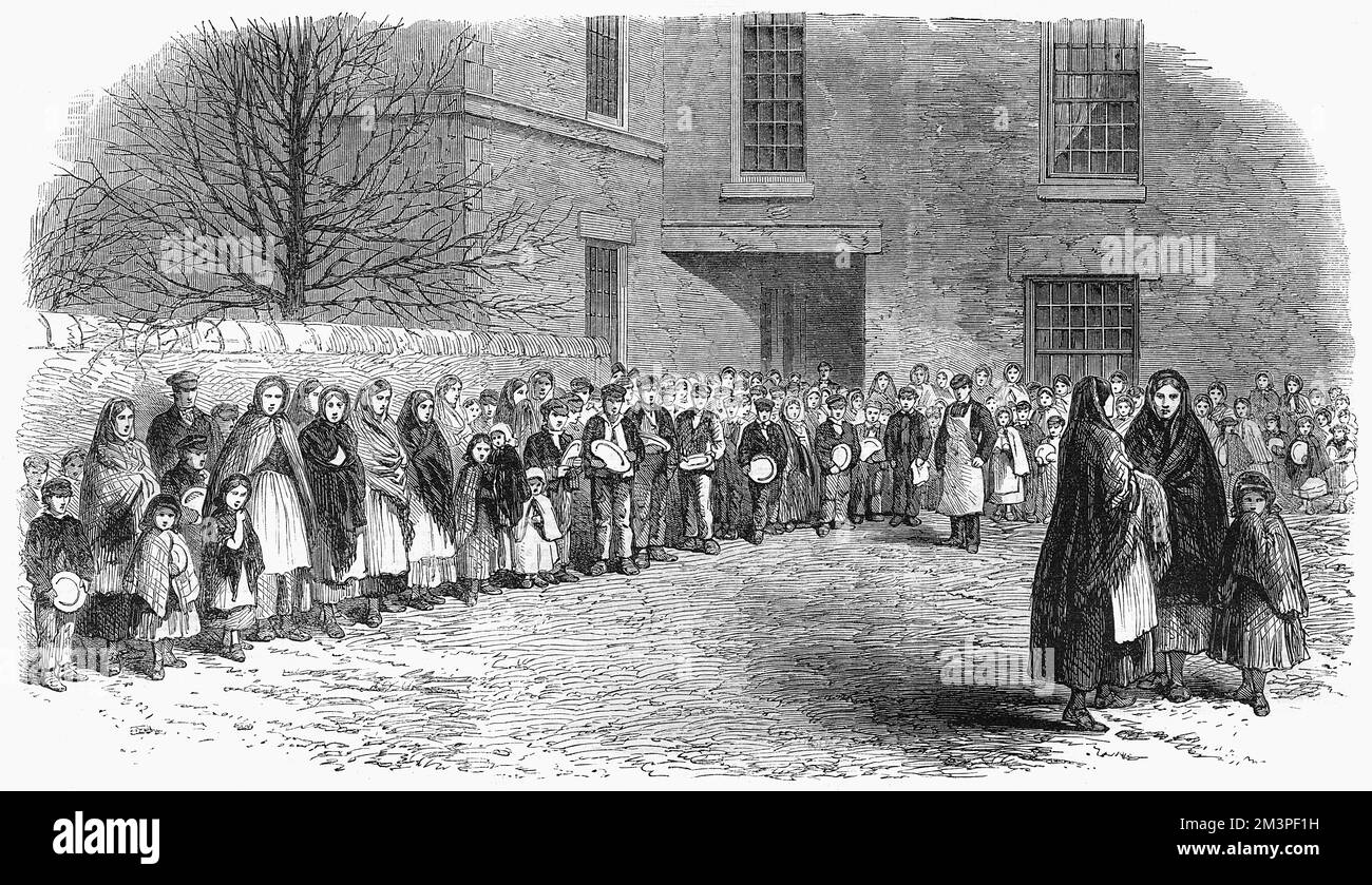 Workers waiting for breakfast in Mr Chapman's courtyard in Mottram, near Manchester, during the Lancashire cotton famine. WIth the supply of cotton from the United States disrupted by the Civil War there, many mills were forced to close, leading to loss of income for many workers and subsequently no money to purchase food.  1862 Stock Photo