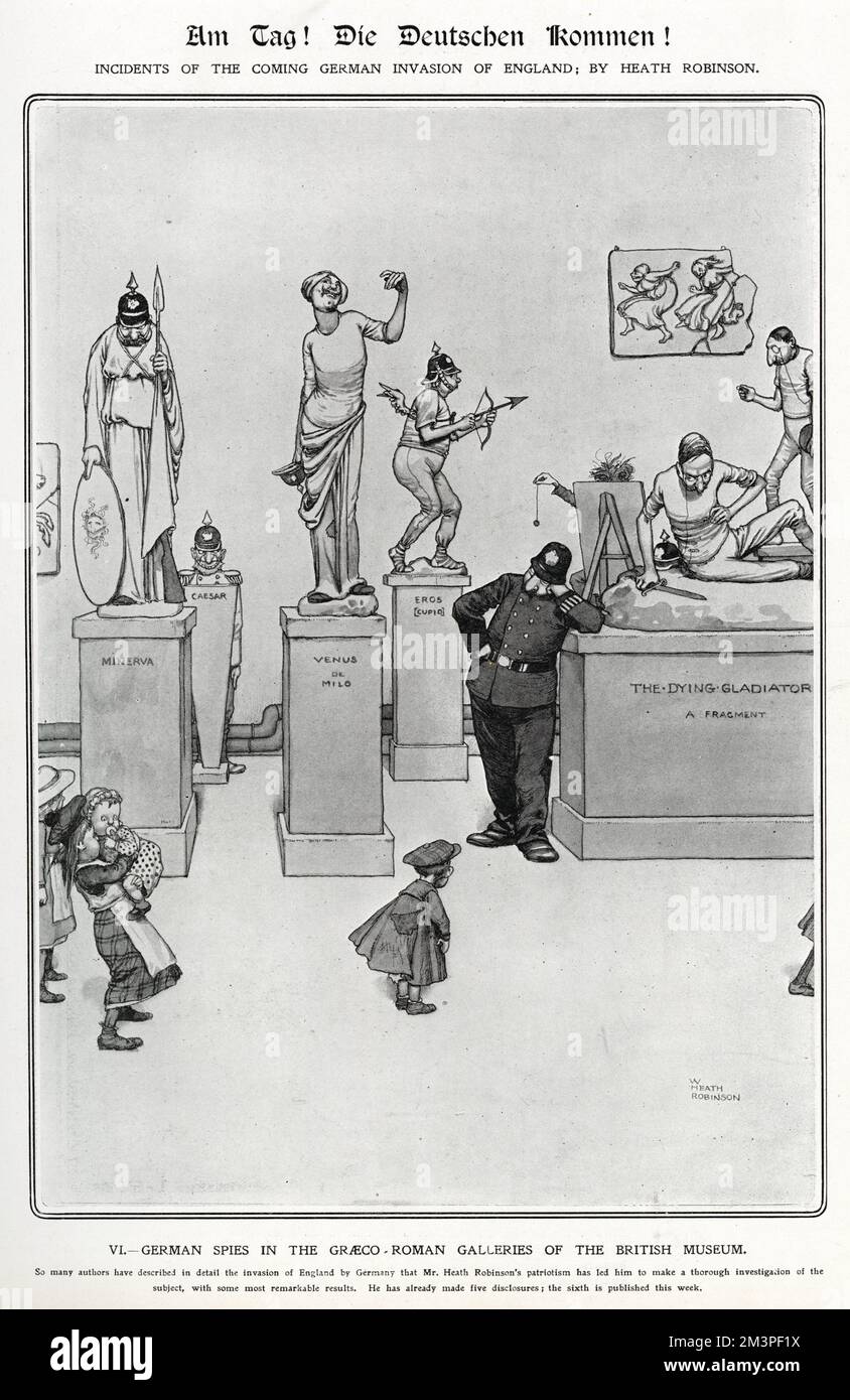 'Am Tag! Die Deutschen kommen! Incidents of the Coming German Invasion of England, by Heath Robinson. 6. German spies in the Graeco-Roman galleries of the British Museum.' Sixth in a series of cartoons by William Heath Robinson in The Sketch, mocking the preoccupation in the British press regarding a potential German invasion, as outlined by articles by Robert Blatchford in the Daily Mail.     Date: 1910 Stock Photo