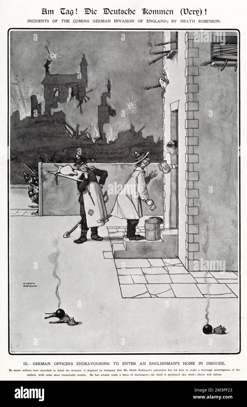 'Am Tag! Die Deutschen kommen (very)! Incidents of the Coming German Invasion of England, by Heath Robinson. 3. German officers endeavouring to enter an Englishman's home in diguise.'  Third in a series of cartoons by William Heath Robinson in The Sketch, mocking the preoccupation in the British press regarding a potential German invasion, as outlined by articles by Robert Blatchford in the Daily Mail.       Date: 1910 Stock Photo
