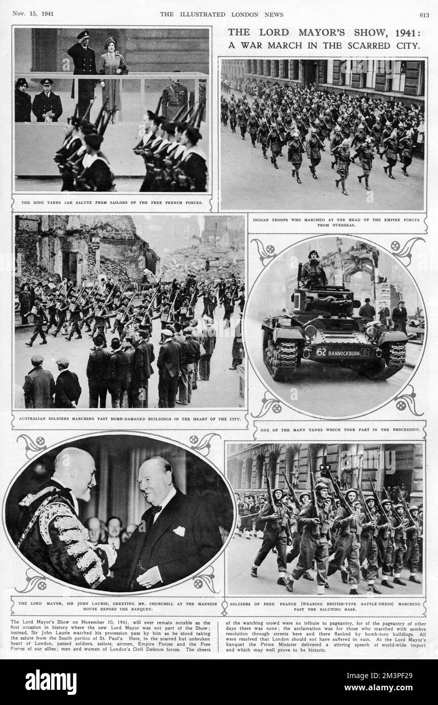 Various scenes of the Lord Mayor's Show in London during the Second World War; clockwise from top left- the King takes the salute of the free french forces; Indian troops marching at the head of the empire forces from overseas; one of the many tanks that took part in the procession; soldiers of free France (wearing British-type battle-dress) marching past the saluting base; The Lord Mayor, Sir John Laurie, greeting Mr Churchill at the Mansion House before the banquet; and Australian soldiers past bomb-damaged buildings in the heart of the city. Stock Photo