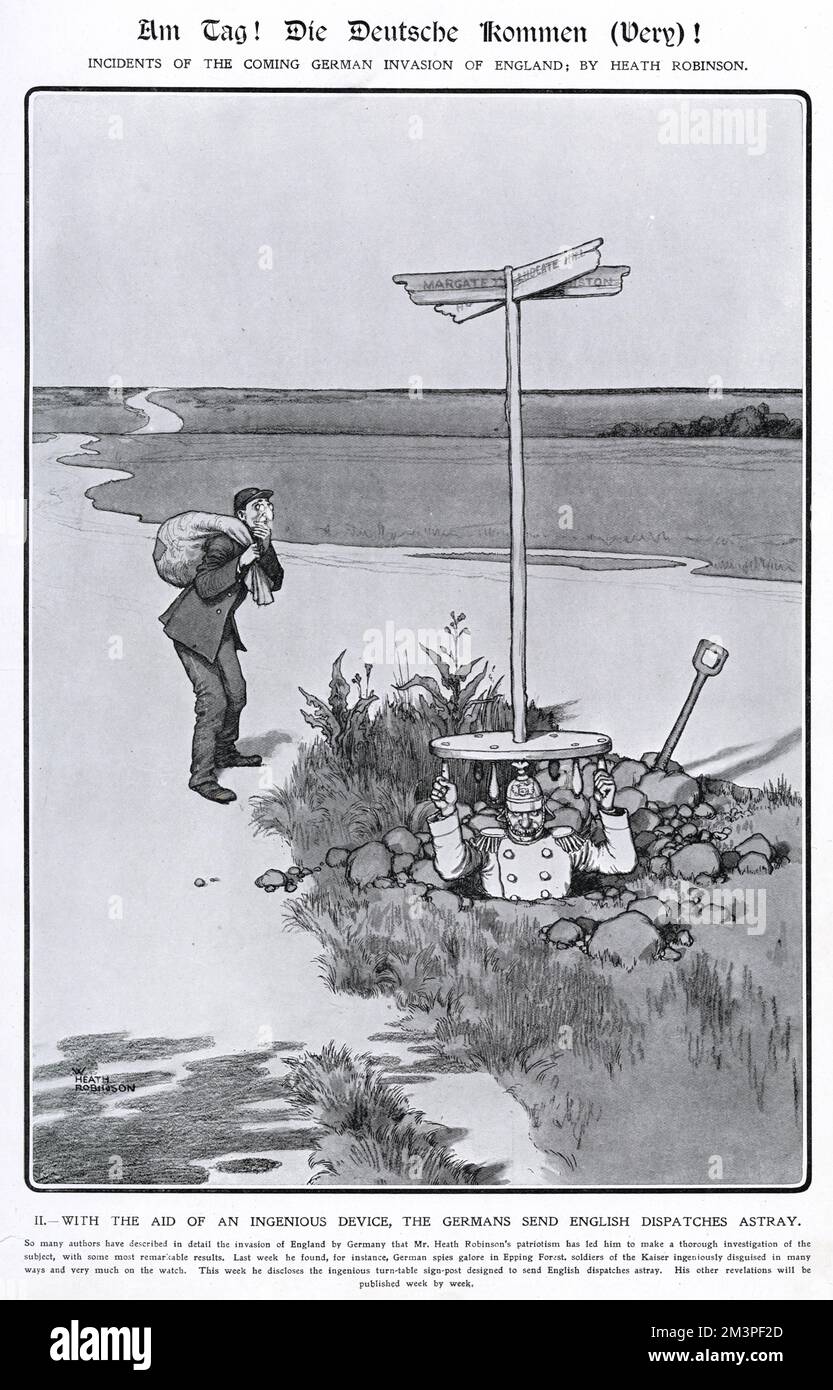 'Am Tag! Die Deutsche Kommen (Very)! Incidents of the Coming German Invasion of England, by Heath Robinson. 2. With the aid of an ingenious device, the Germans send English dispatches astray.' Second in a series of cartoons by William Heath Robinson in The Sketch, mocking the preoccupation in the British press regarding a potential German invasion, as outlined by articles by Robert Blatchford in the Daily Mail.       Date: 1910 Stock Photo