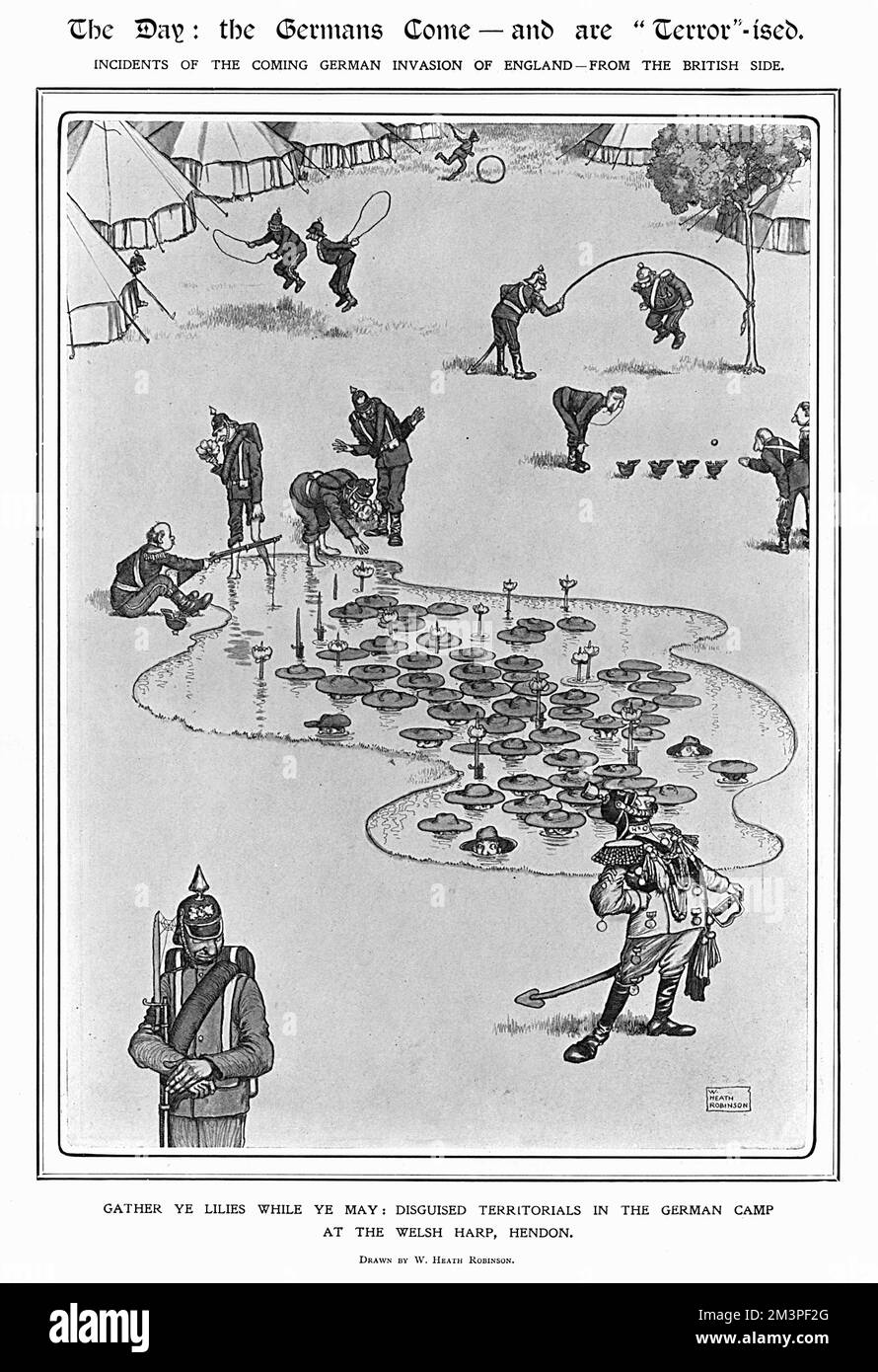 'The Day: The Germans Come - and are &quot;Terror-ised&quot;. Incidents of the Coming German Invasion of England-from the British side, by Heath Robinson. Gather ye lilies while ye may: disguised territorials in the German camp at the Welsh harp, Hendo.' Series of cartoons by William Heath Robinson in The Sketch.     Date: 1910 Stock Photo