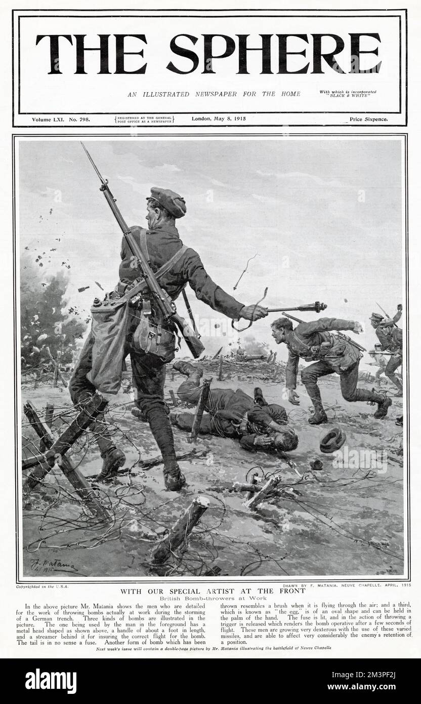 British soldier about to throw a hand grenade, during the storming of a German trench. Stock Photo