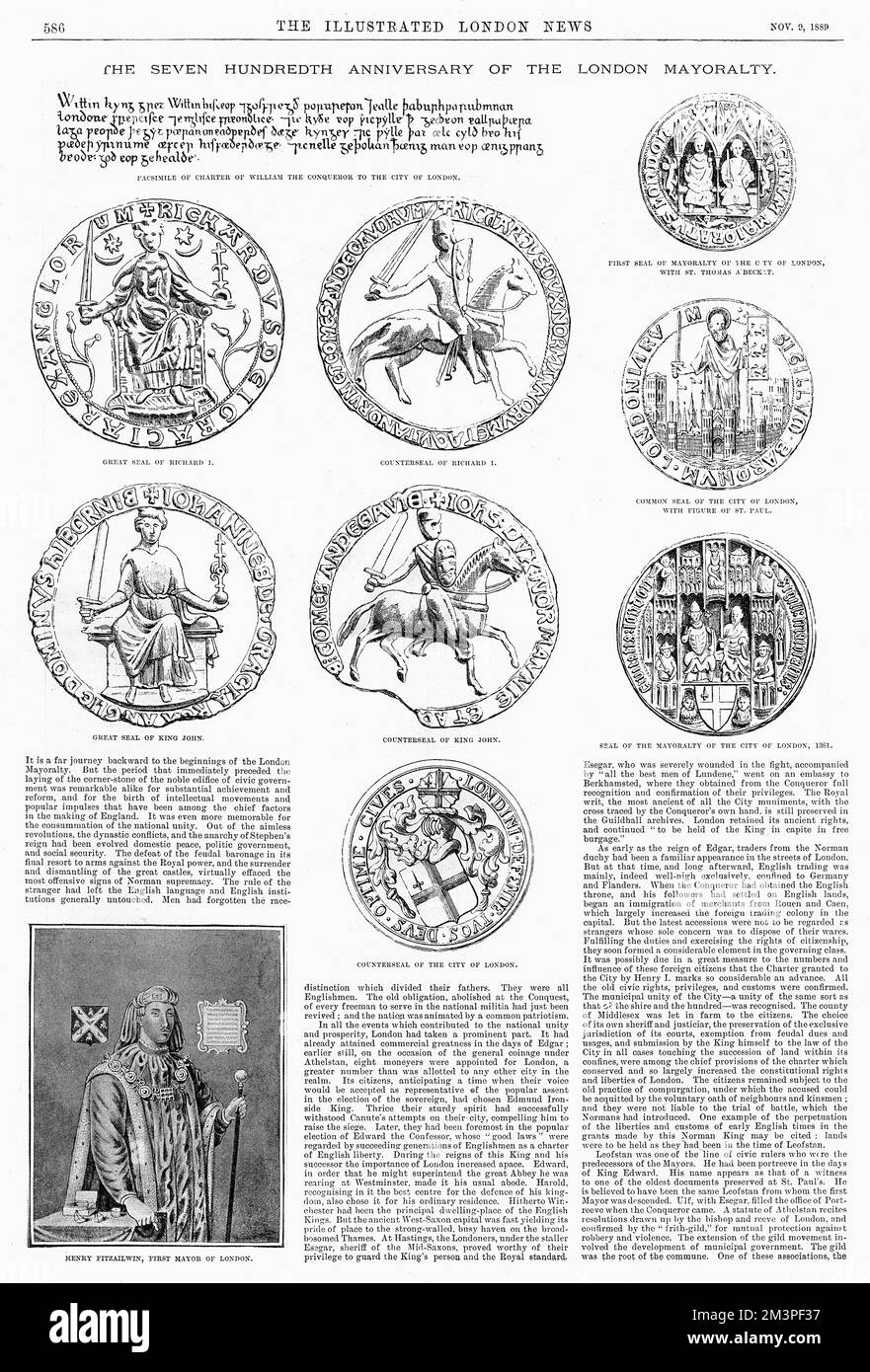 In honour of the 700th anniversary of the London Mayoralty, a page dedicated to the various seals of the City of London including the first seal of the Mayoralty of the City of London with St. Thomas A. Beckett; the common seal of the City of London with the figure of St. Paul; and the great seals of King Richard I and King John. Also documented is a facsimile of the charter of William the Conqueror to the City of London and a portrait of Henry Fitzailwin, the first Mayor of London.     Date: 1889 Stock Photo