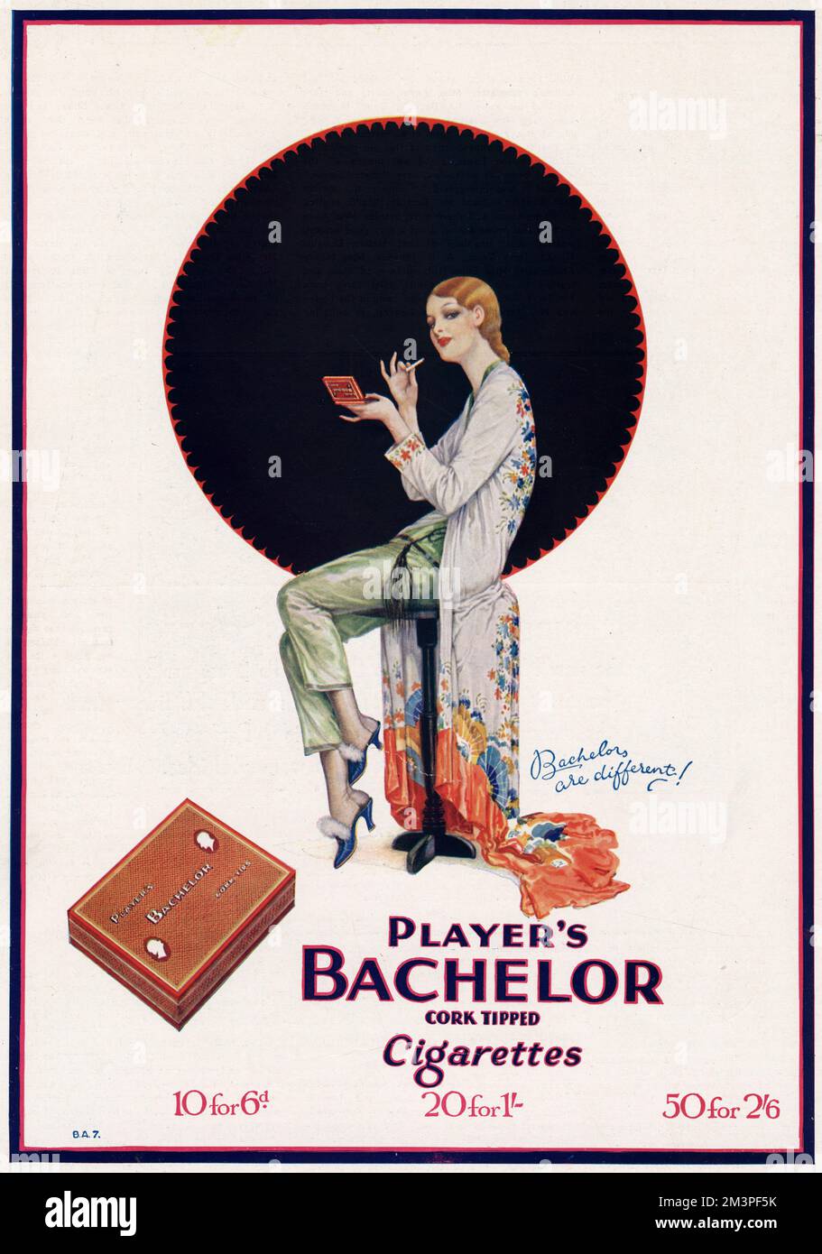 Woman holding 'Player's Bachelor' cork tipped cigarettes, wearing green silk pyjamas and a long oriental thin dressing gown.     Date: 1930 Stock Photo