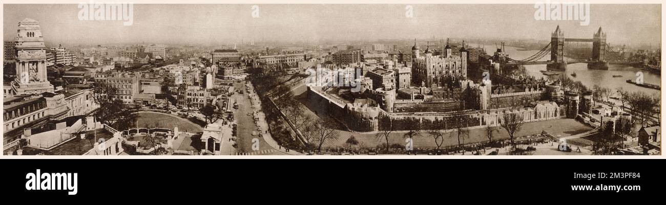 Taken from All Harrows church, this panoramic view from Port of London Authority Building, on the left to Tower Bridge and the South Bank of the River Thames, includes the entire of the Tower of London, which covers 13 acres. Stock Photo