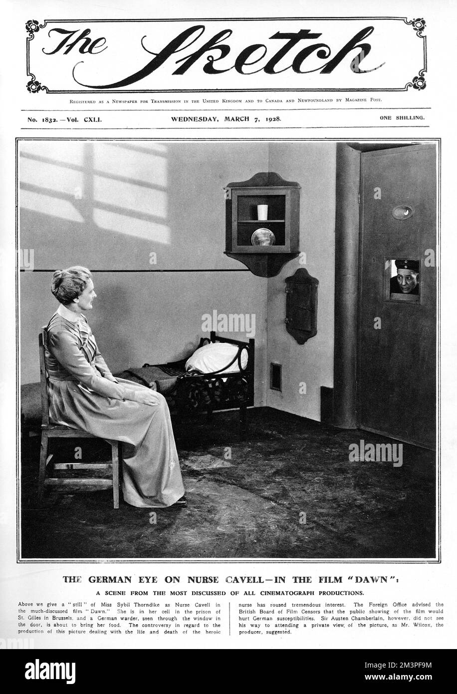 Front cover of The Sketch showing a scene from the film, 'Dawn' about the execution of the British nurse, Edith Cavell during the First World War.  The still shows Sybil Thorndike as Cavell in her cell.     Date: 1928 Stock Photo
