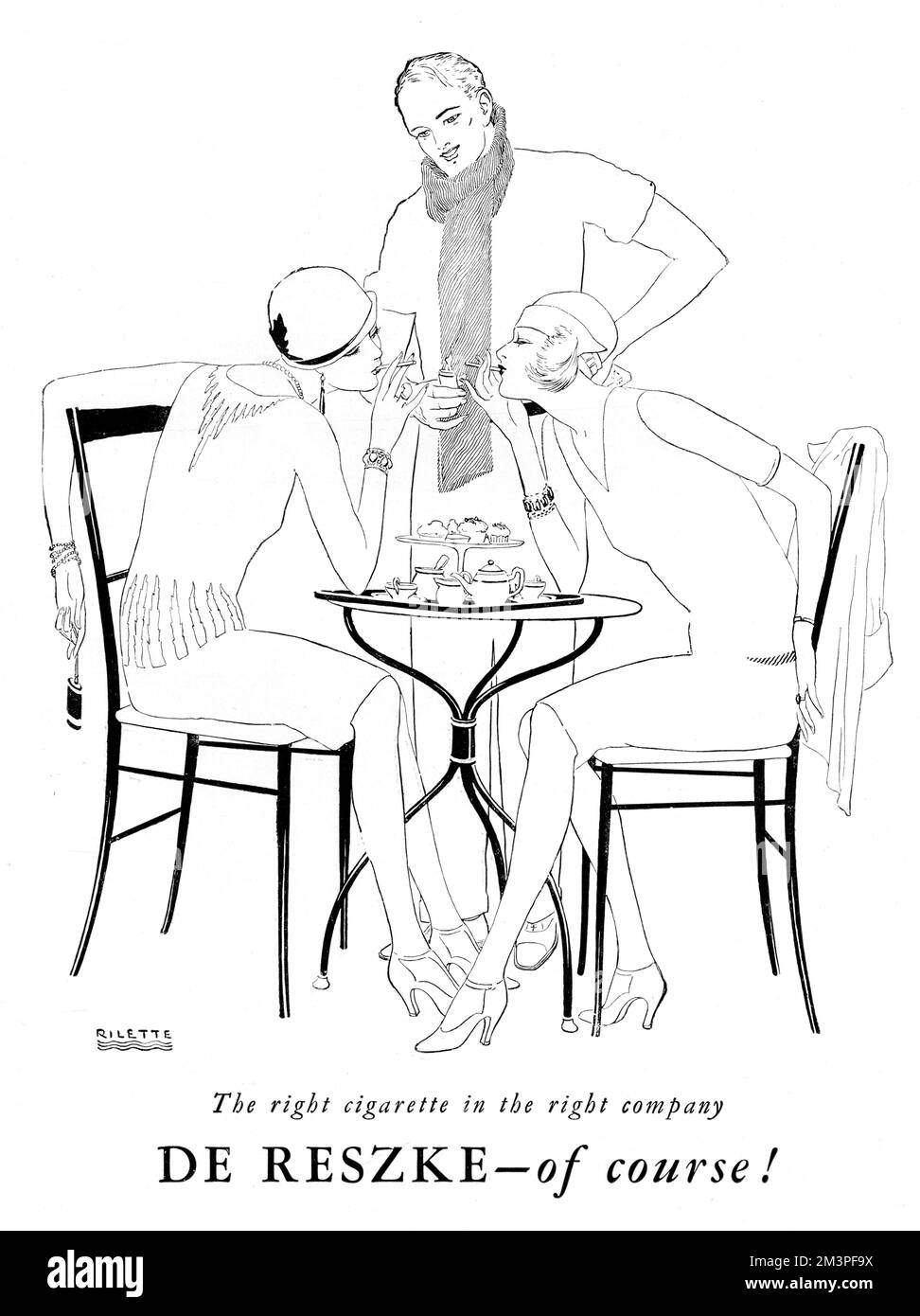 Advertisement drawn by Rilette showing a gentleman, quite possibly in rowing gear, offering to light the cigarettes of two stylish women seated in a caf&#x9ba0; As they both lean together to take the light, they create a elegant composition.       Date: 1928 Stock Photo