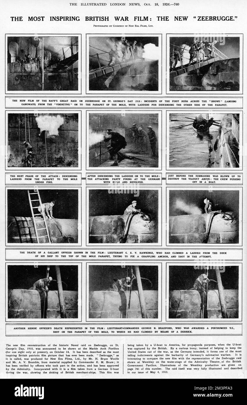 A page from The Illustrated London News, 18 October 1924, with twelve stills from a newly released film reconstruction of the raid on Zeebrugge by the Royal Navy on 23 April 1918. The film was produced for New Era Films Ltd by Mr H.Bruce Woolfe and Mr A.V.Bramble, and was approved by the Admiralty.     Date: 1924 Stock Photo