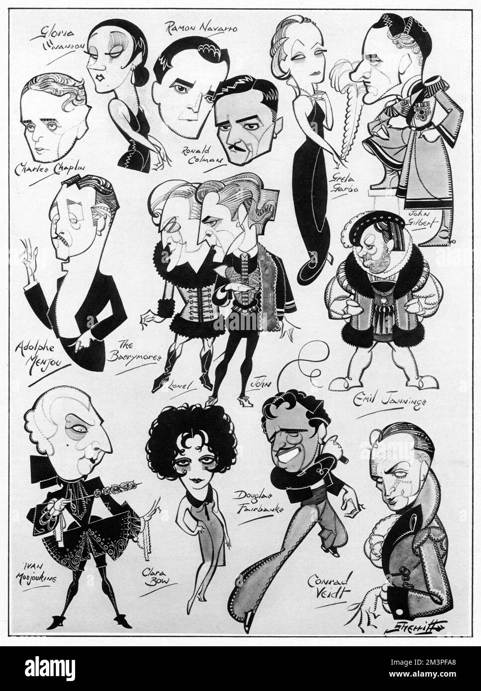 International Flickers Folk: A Page of Celluloid Stars.  A page of caricatures of movie stars by Sherriffs which include Gloria Swanson, Charlie Chaplin, Ronald Colman, Greta Garbo, Clara Bow and Douglas Fairbanks.     Date: 1928 Stock Photo