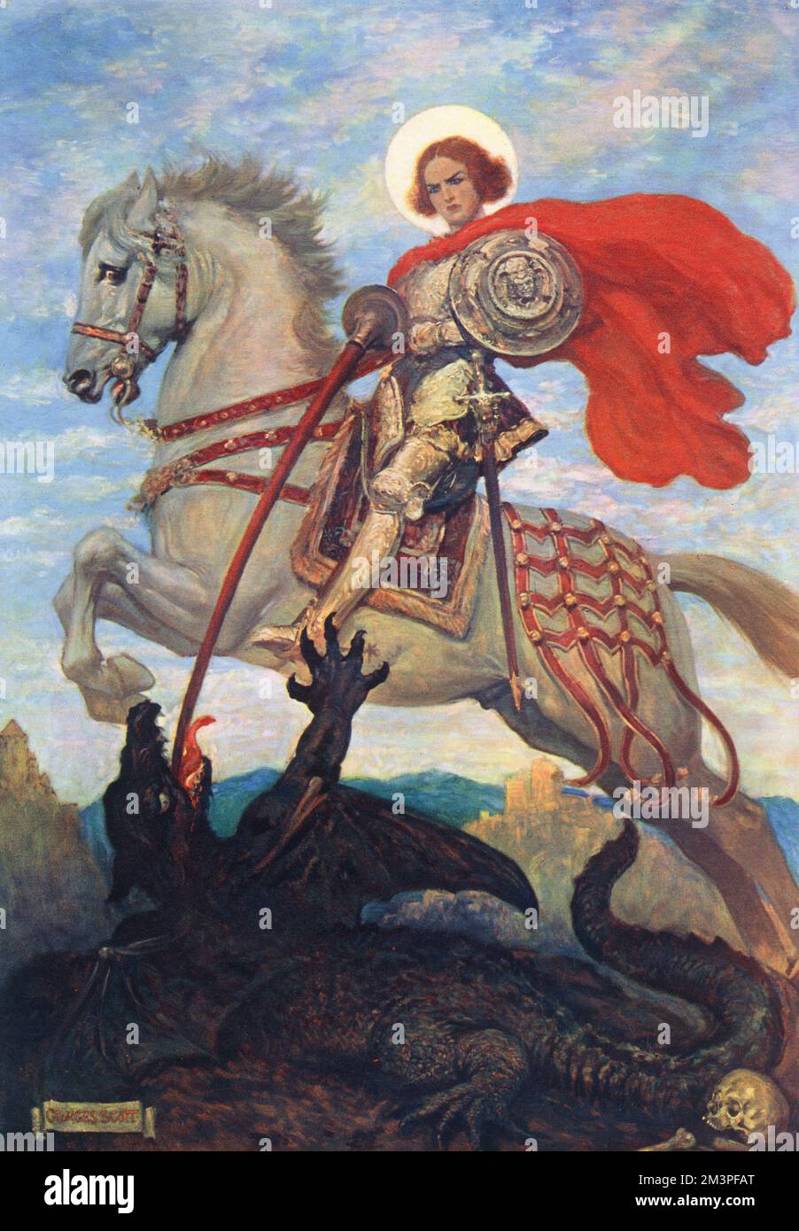 Our Ancient Word of Courage, Fair St. George - The Patron Saint of England.  Pictured here by Georges Scott (1873-1943) expertly slaying the dragon, despite looking quite like a girl.      Date: 1928 Stock Photo