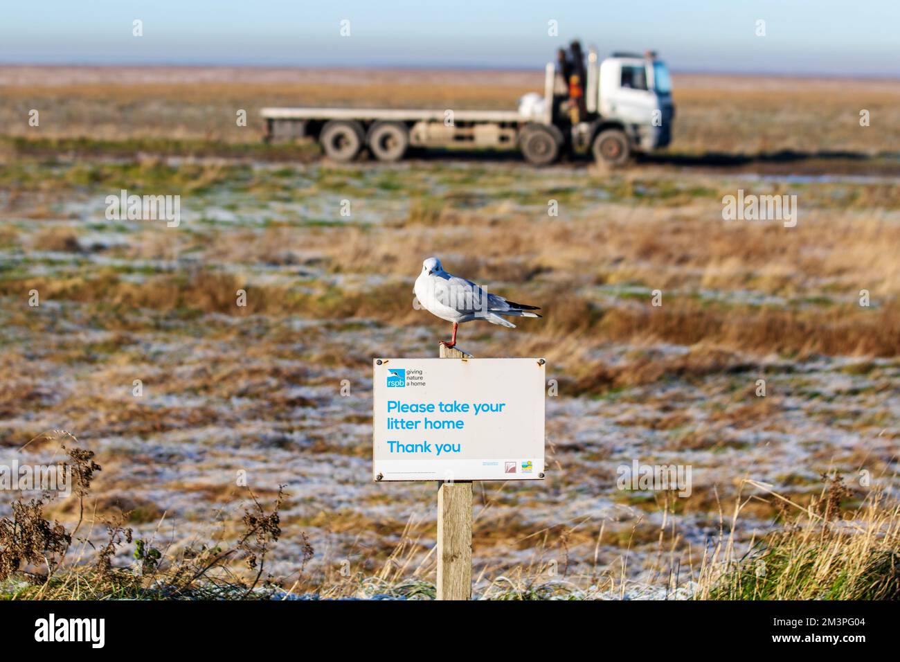 'Please Take Your Litter Home' RSPB sign at Marshside Nature Reserve in Southport UK Stock Photo