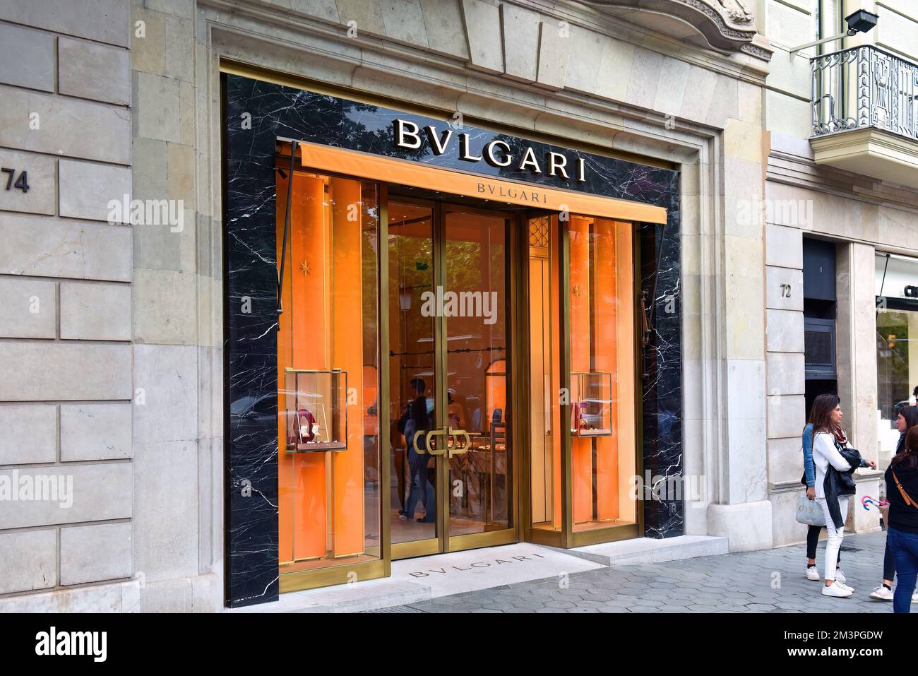 Barcelona, Spain - May 5, 2018: Bulgari, branded as BVLGARI, store on Passeig de Gracia, is an Italian luxury fashion house known  for its jewellery, Stock Photo