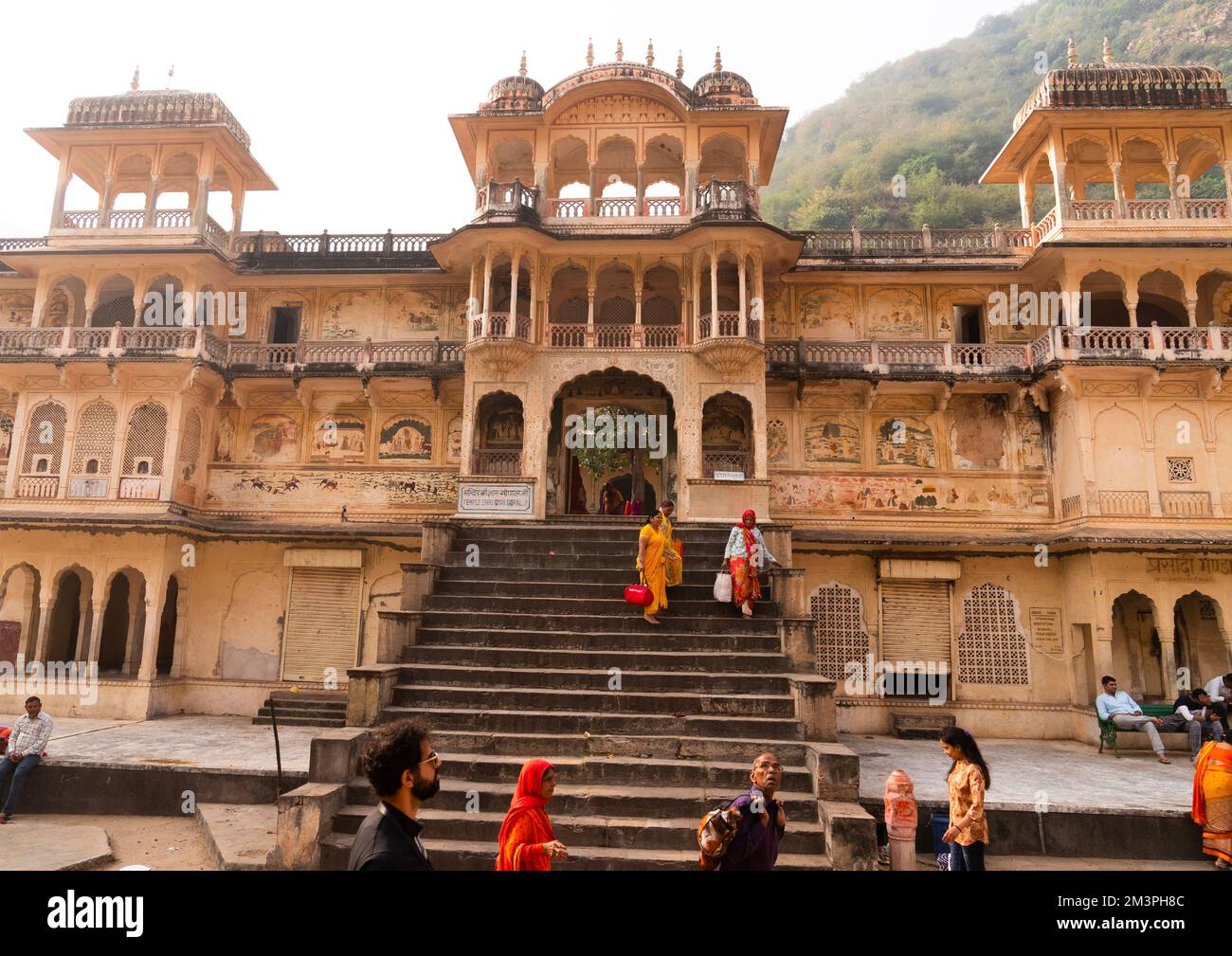 Indian pilgrims in Galtaji temple aka monkey temple, Rajasthan, Jaipur, India Stock Photo