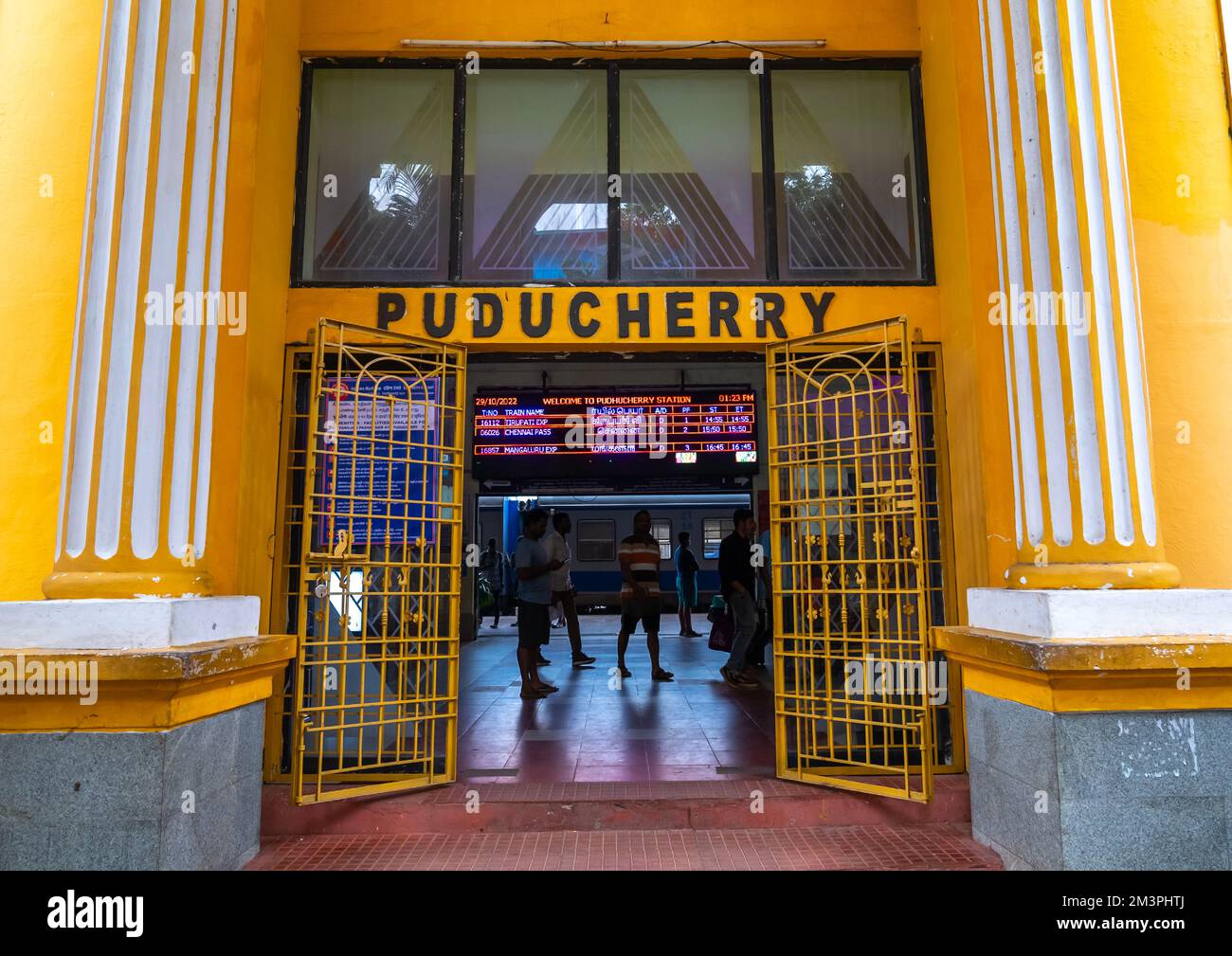 Train station entrance, Puducherry, Pondicherry, India Stock Photo