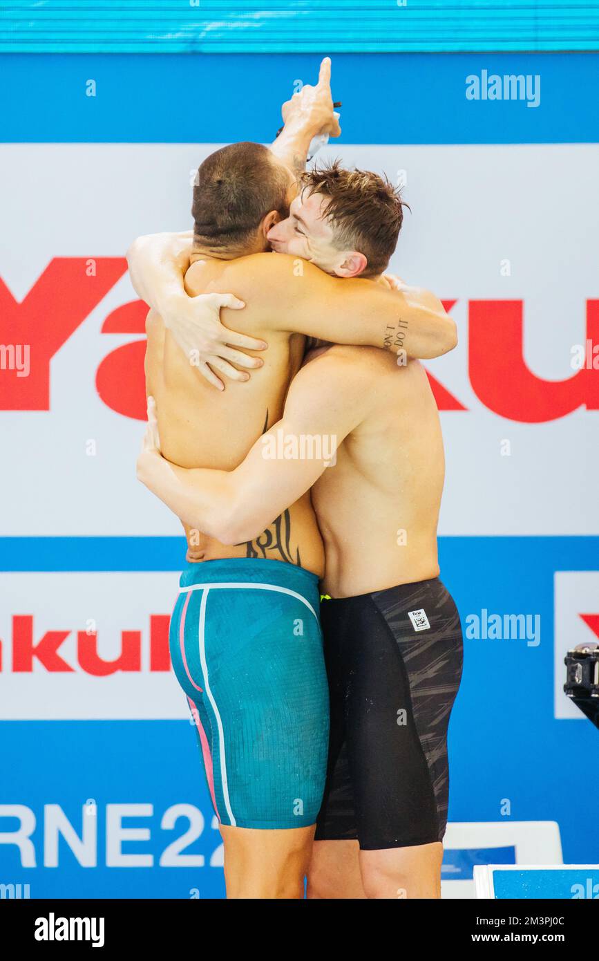 Melbourne, Victoria, Australia. 16th Dec, 2022. MELBOURNE, AUSTRALIA -  DECEMBER 16: France team of Maxime GROUSSET, Florent MANAUDOU, Beryl  GASTALDELLO and Melanie HENIQUE celebrate winning the Mixed 4x50m Freestyle  relay at the