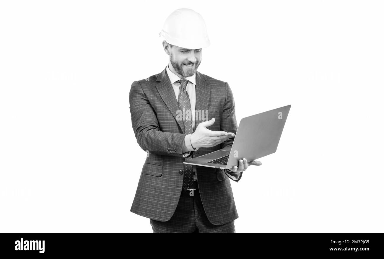 Civil engineer professional man in hardhat use laptop computer for engineering, constructing Stock Photo