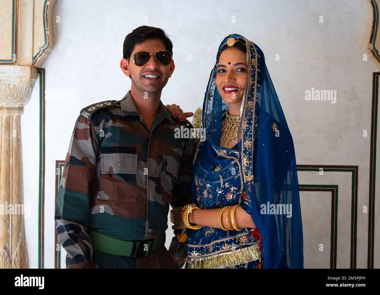 New wed couple in Amer Fort, Rajasthan, Amer, India Stock Photo