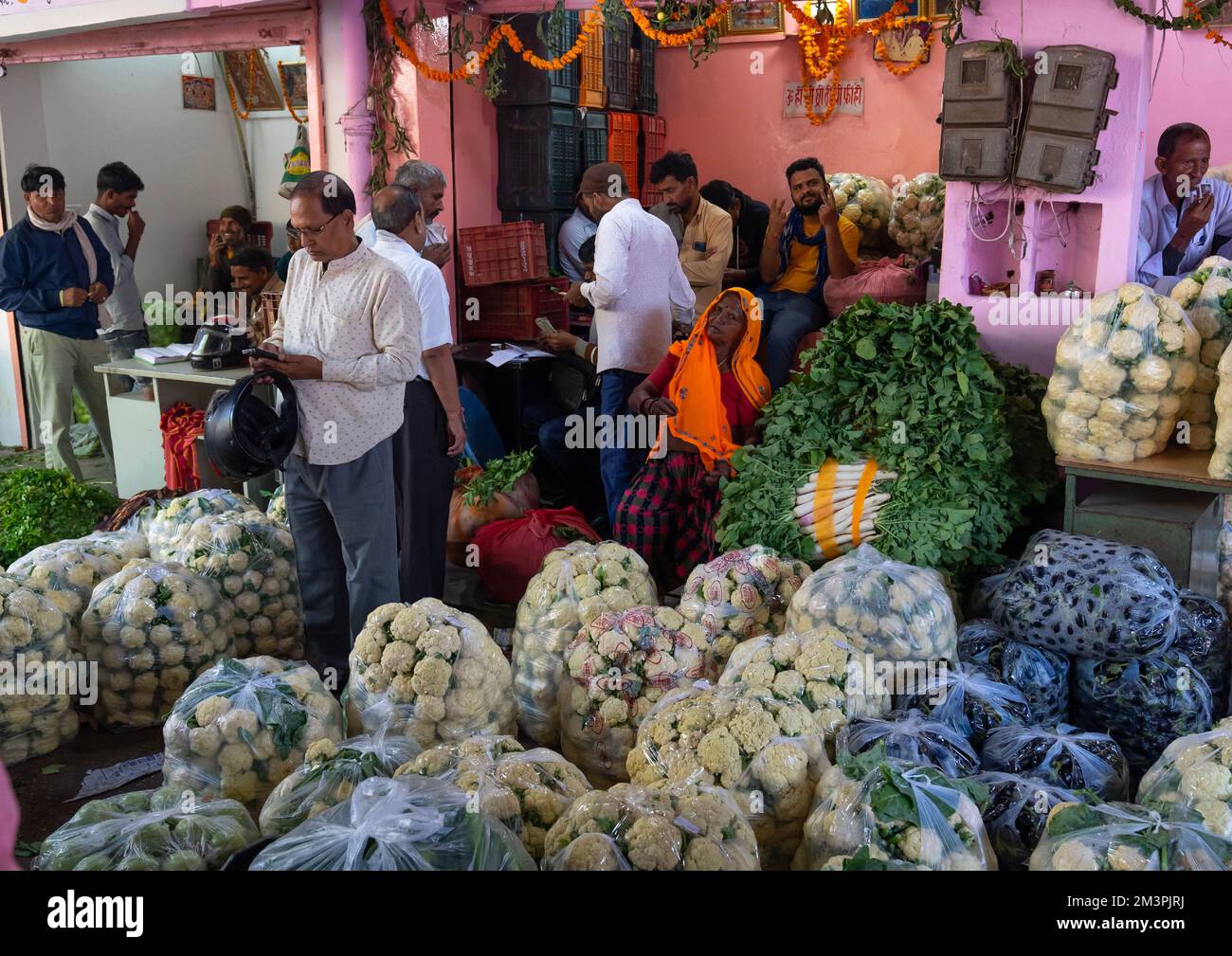 Cauliflowers for sale in vegetable Market, Rajasthan, Jaipur, India Stock Photo