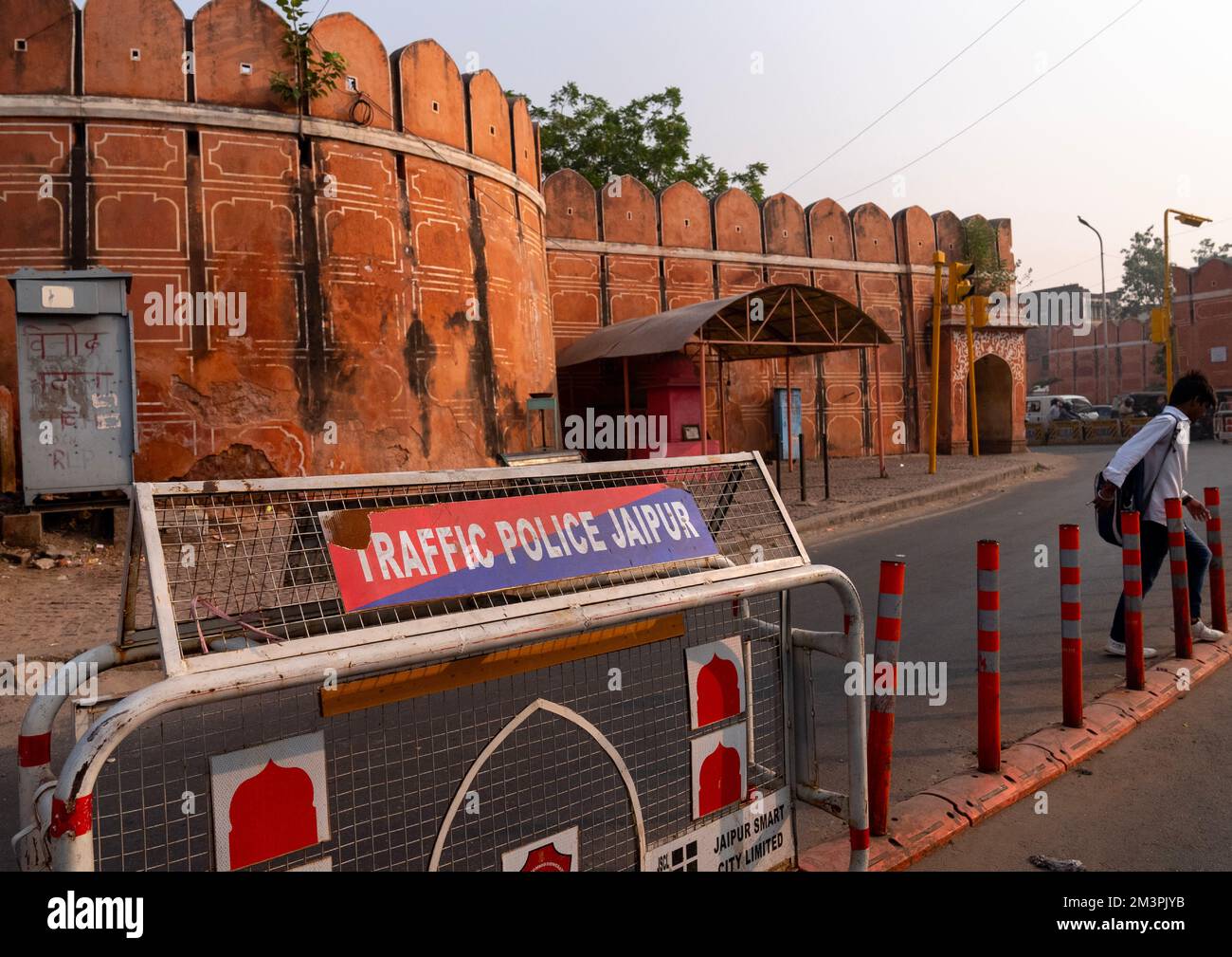 Traffic police barriers in the old town, Rajasthan, Jaipur, India Stock Photo