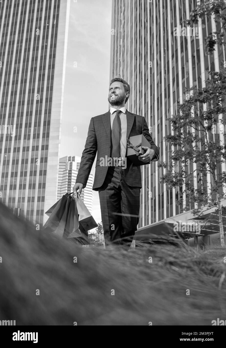 mens day. happy businessman with packages. sale and discount. surprise ...