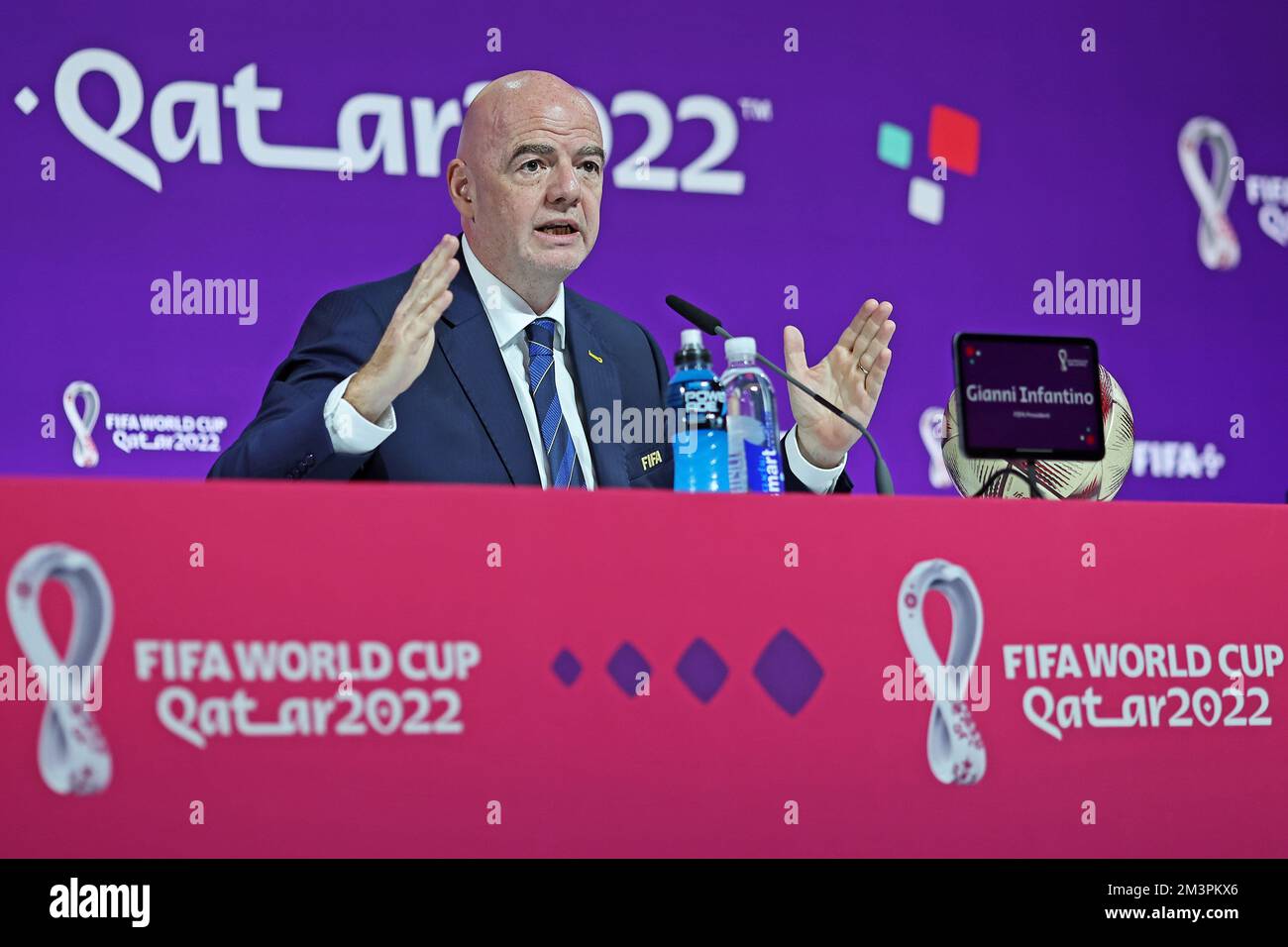 Doha, Qatar. 16th Dec, 2022. 2022 FIFA World Cup Press Conference before  Final Games Dec 16th. Gianni Infantino, President of FIFA speaking to the  press Credit: Action Plus Sports Images/Alamy Live News