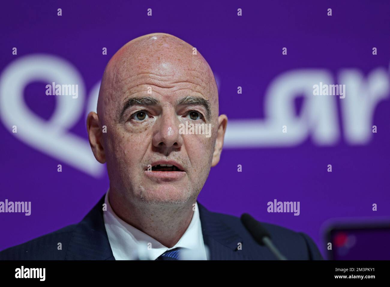 Doha, Qatar. 16th Dec, 2022. 2022 FIFA World Cup Press Conference before  Final Games Dec 16th. Gianni Infantino, President of FIFA speaking to the  press Credit: Action Plus Sports Images/Alamy Live News