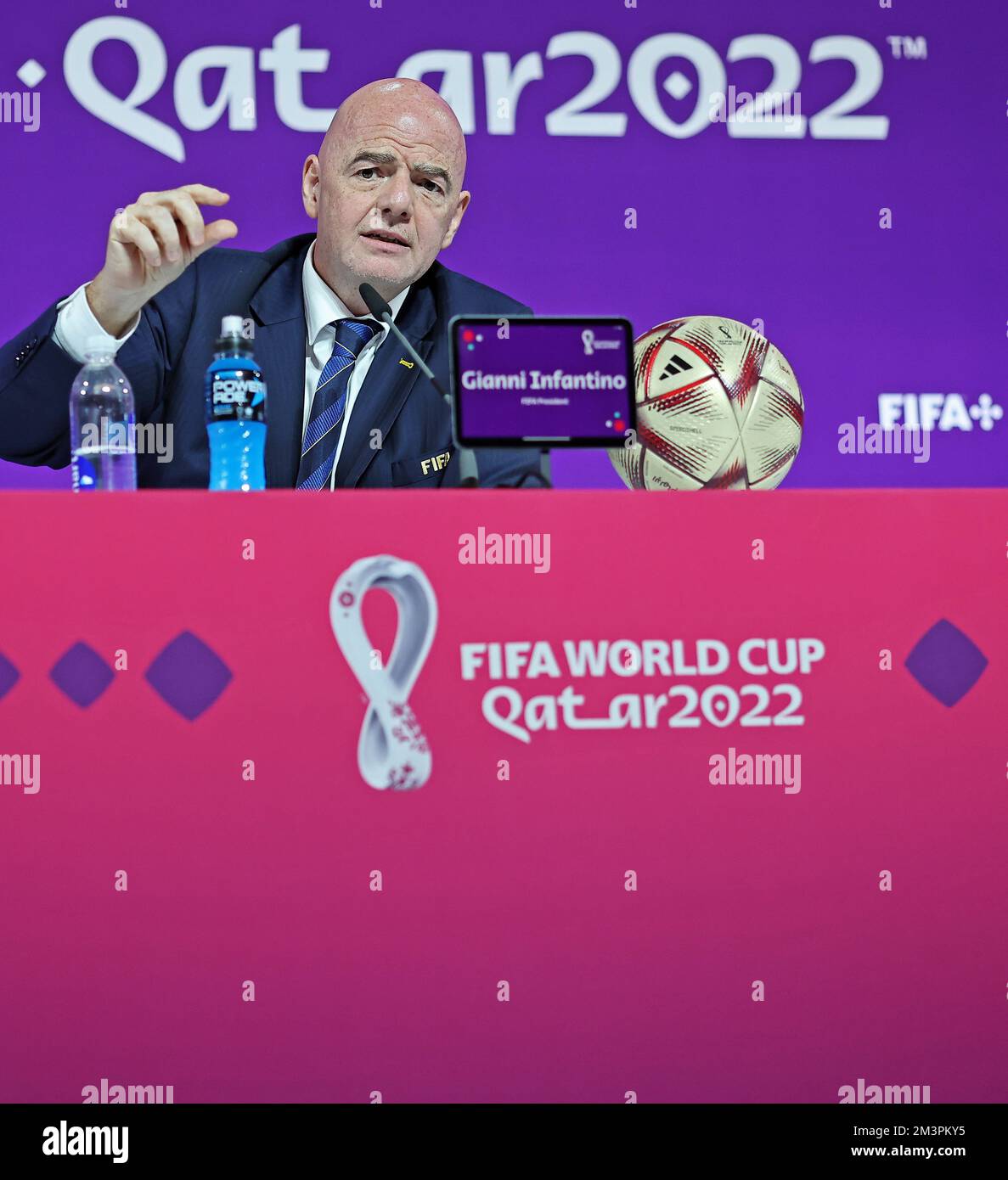 Doha, Qatar. 16th Dec, 2022. 2022 FIFA World Cup Press Conference before  Final Games Dec 16th. Gianni Infantino, President of FIFA speaking to the  press Credit: Action Plus Sports Images/Alamy Live News