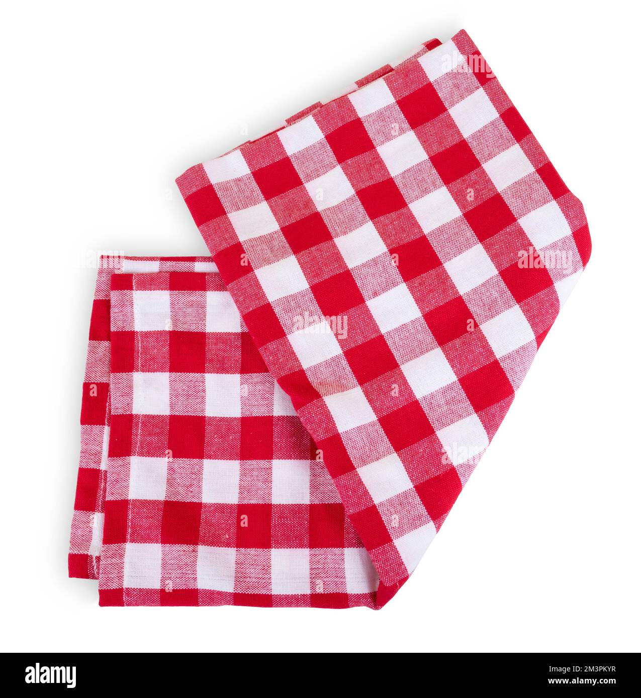 Red checkered kitchen table towel isolated on white. Folded picnic tablecloth Stock Photo