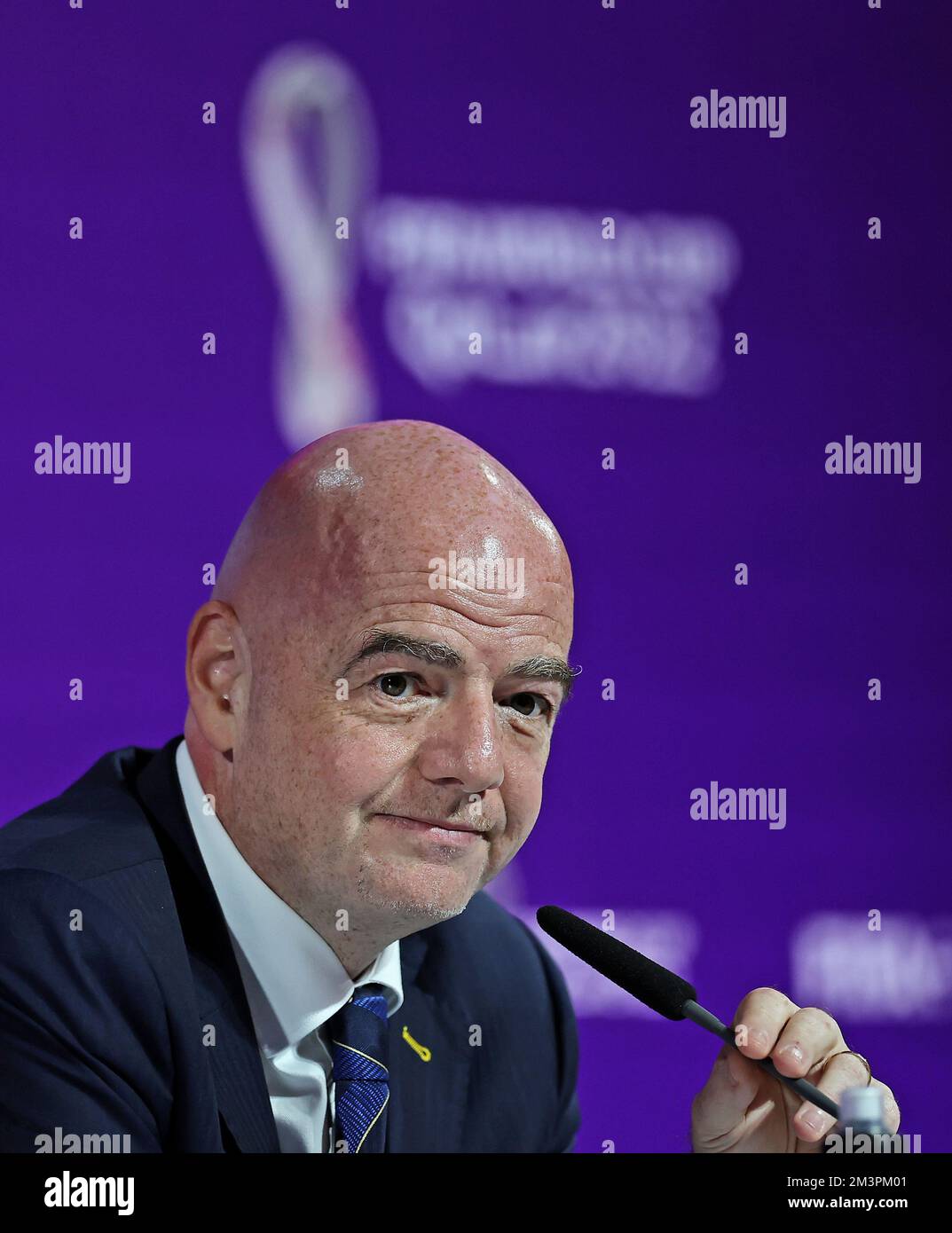 Doha, Qatar. 16th Dec, 2022. 2022 FIFA World Cup Press Conference before  Final Games Dec 16th. Gianni Infantino, President of FIFA speaking to the  press Credit: Action Plus Sports Images/Alamy Live News