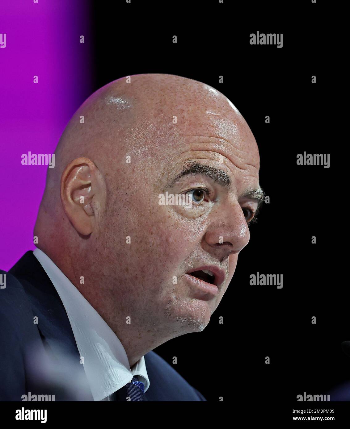 Doha, Qatar. 16th Dec, 2022. 2022 FIFA World Cup Press Conference before  Final Games Dec 16th. Gianni Infantino, President of FIFA speaking to the  press Credit: Action Plus Sports Images/Alamy Live News