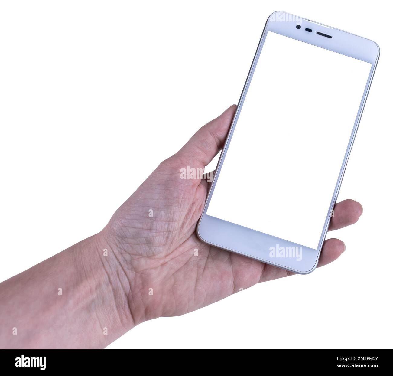Woman hand holding smartphone with empty blank screen mock up isolated ...