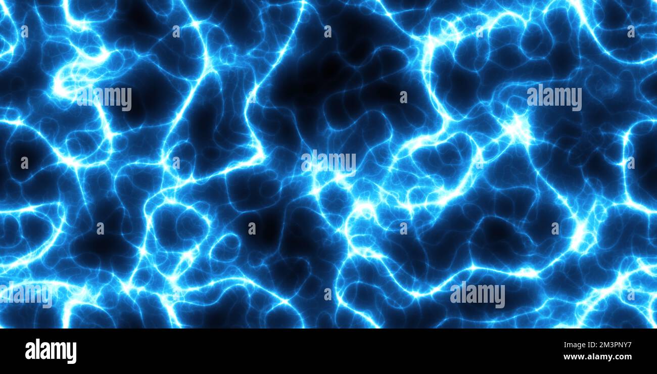 Seamless dark blue background with electric glowing lightning flares