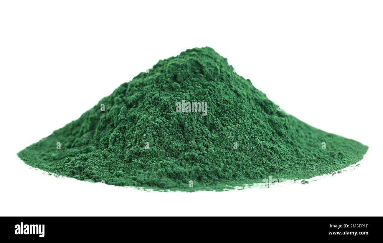 Spirulina powder heap isolated on white background Stock Photo Alamy