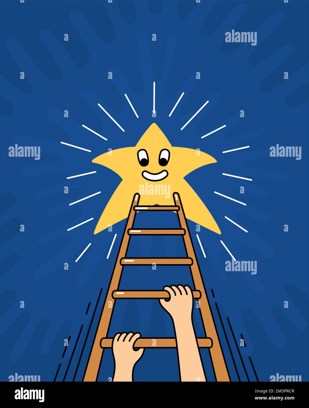 Man follows his dream. Stairway to the star. Groovy style cartoon illustrations. Positive motivational poster. Vector graphics Stock Vector