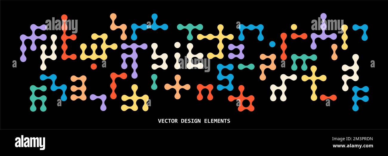 Set of elements, shapes and forms in bitmap style. Circles and dots smoothly merging and flowing into figures. Trendy retro design 60's, 70's, 80's. V Stock Vector