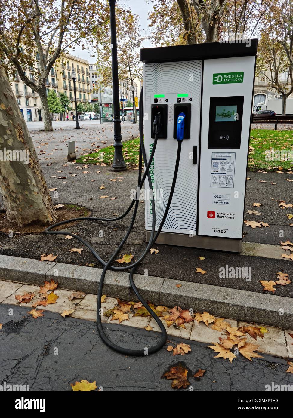 Electric vehicle charging point station. Barcelona, Catalonai, Spain