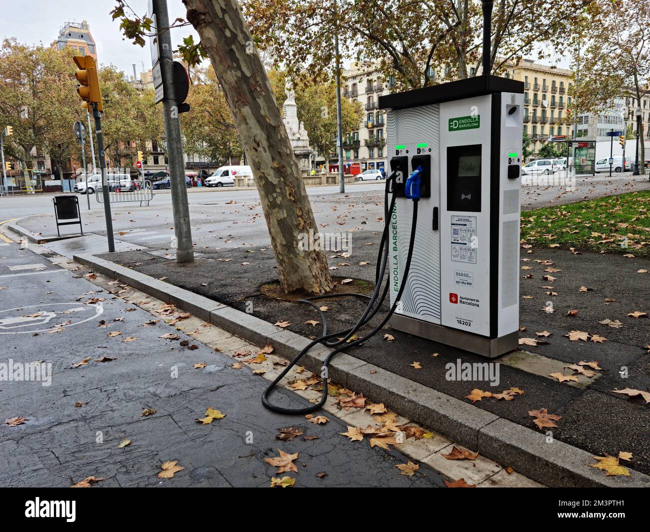 Electric vehicle charging point station. Barcelona, Catalonai, Spain