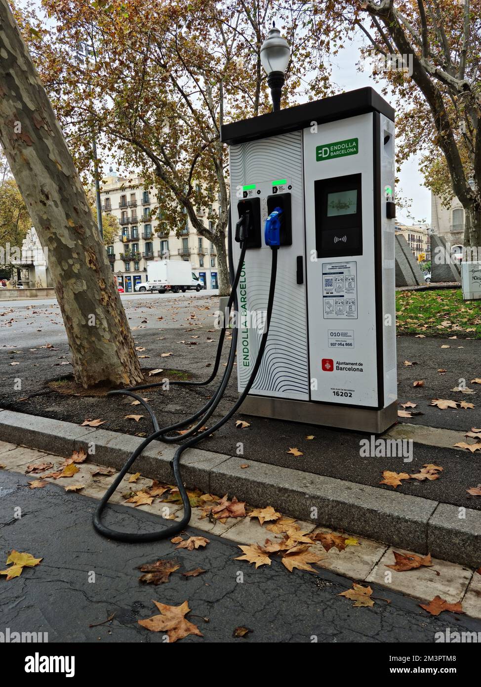 Electric vehicle charging point station. Barcelona, Catalonai, Spain