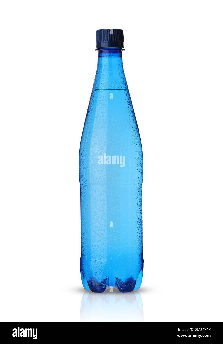 https://c8.alamy.com/comp/2M3PXRX/blue-bottle-in-drops-with-mineral-water-on-a-white-background-2M3PXRX.jpg